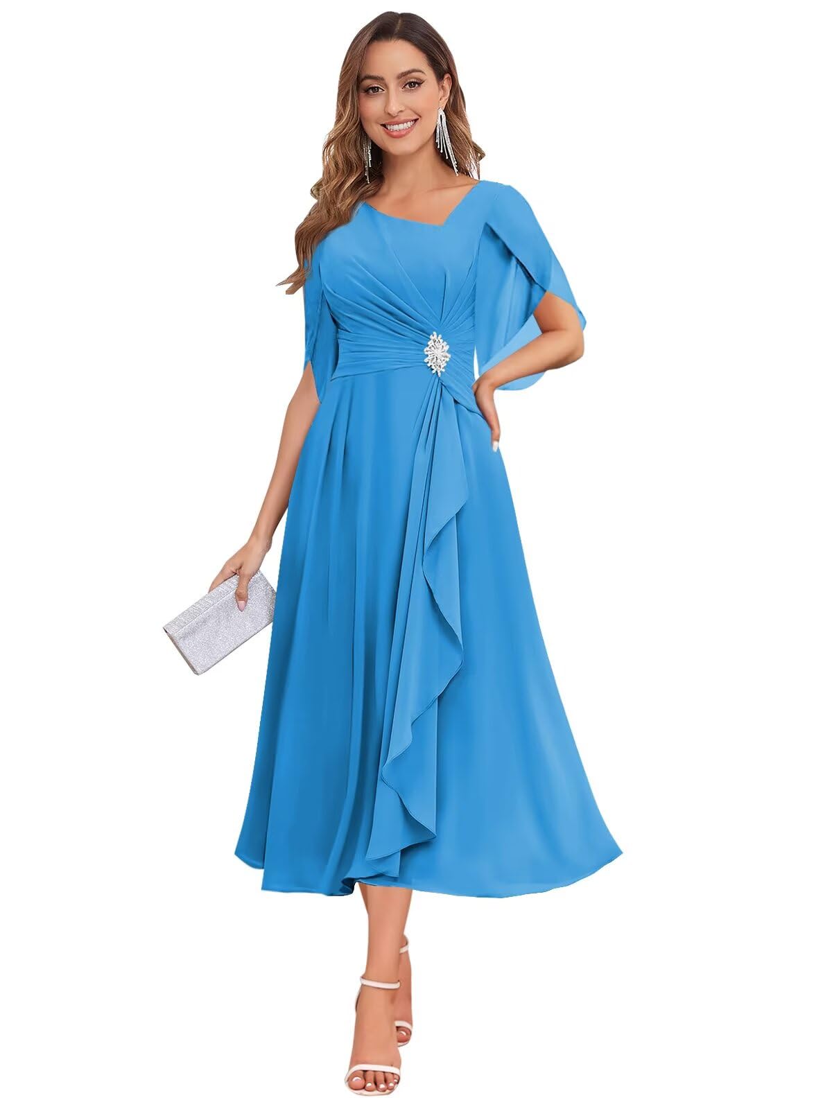 HANVAIOS Tea Length Mother of The Bride Dresses for Women Chiffon Formal Wedding Guest Dress with Sleeves