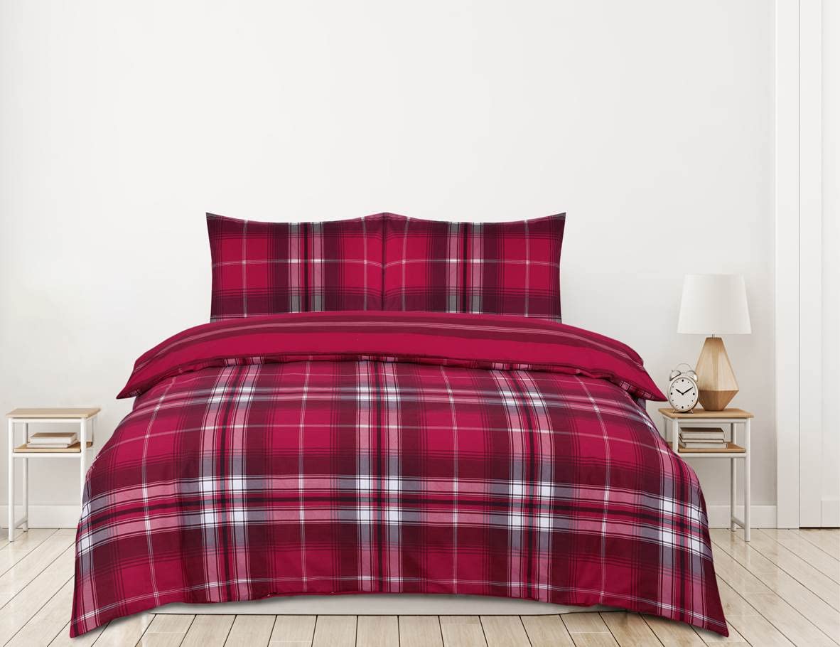Charlotte Andersen Red Wine King Charcoal Grey Highland Tartan Check Duvet Cover, Reversible Easy Care Poly Cotton Bedding With Pillow Cases (, King)