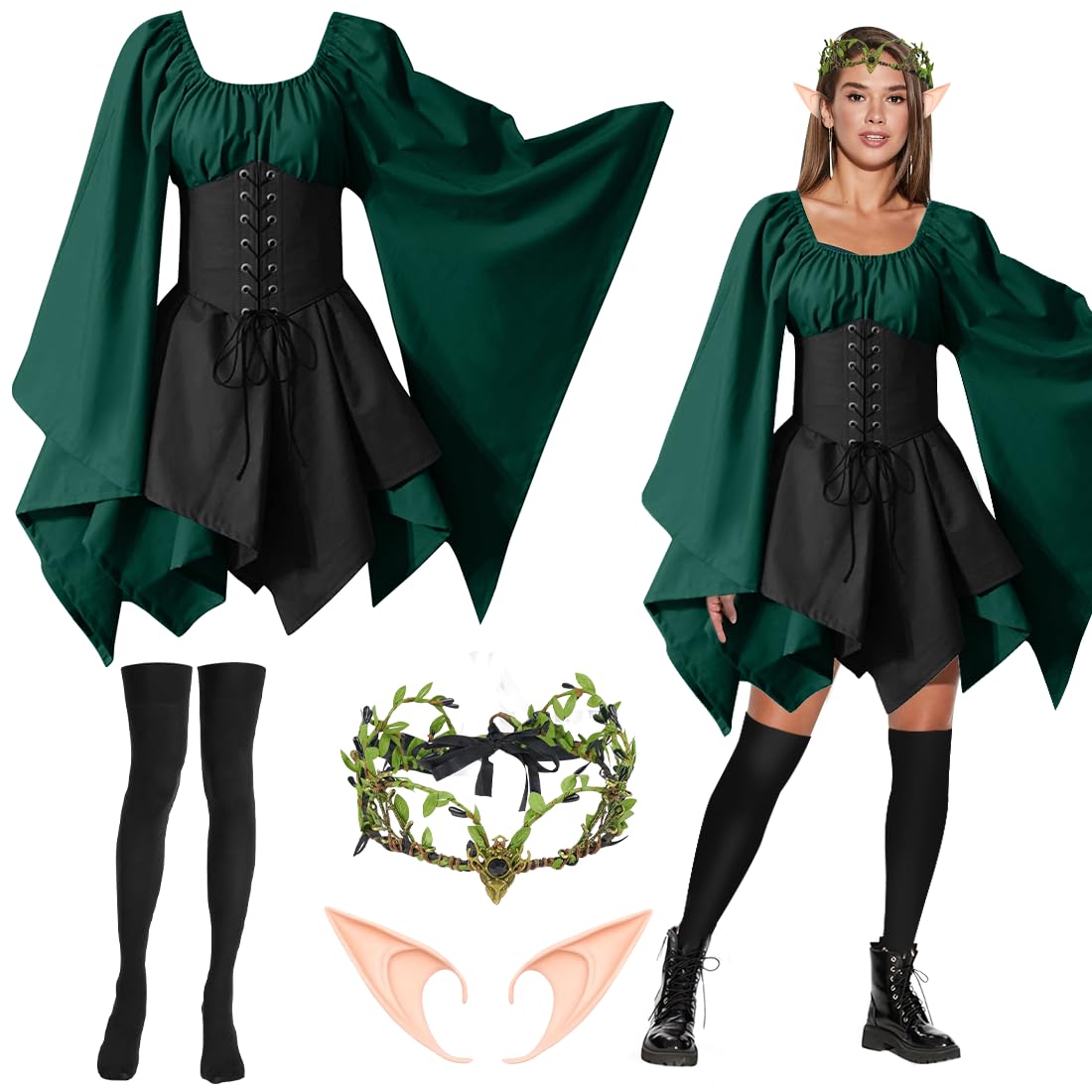 Capaneus Disfraz Medieval para mujer, Vestido Tradicional Irlandés, Disfraz con Orejas de Elfo de Carnaval