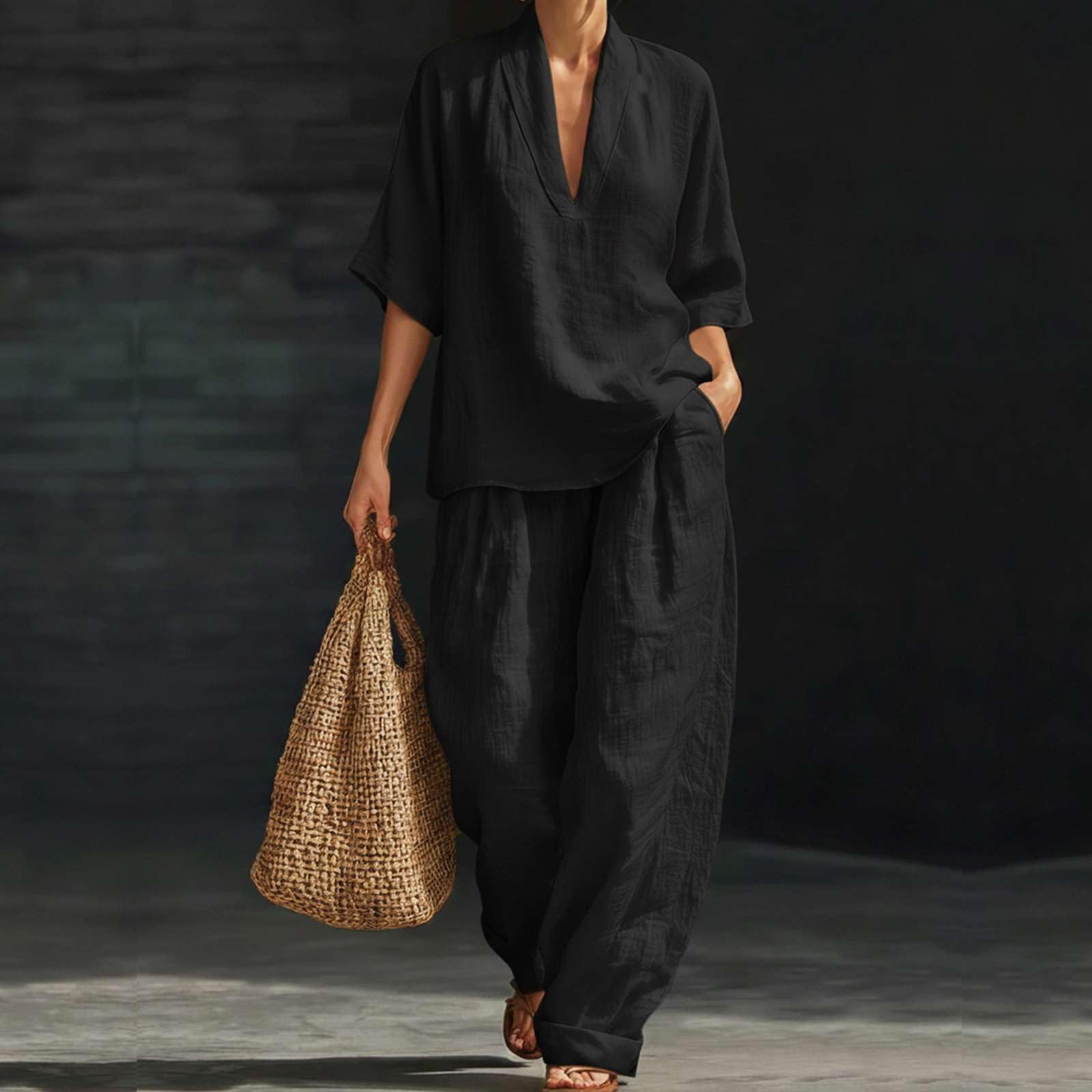 Generisch Completo da donna a due pezzi alla moda, comodo e semplice, in lino e cotone (top e pantaloni) per vacanze estive e viaggi, ideale per abbigliamento sportivo (modello 2026).