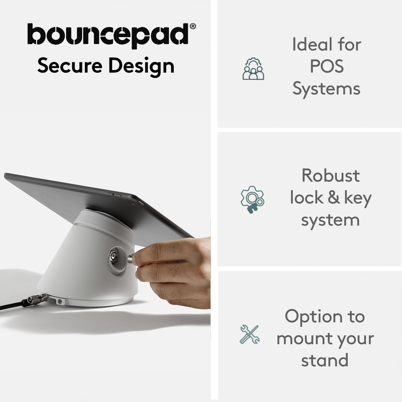 Bouncepad Click Supporto Universale e Sicuro da Parete e da Tavolo Compatibile con Tutti i Tablet e iPad, Bianco