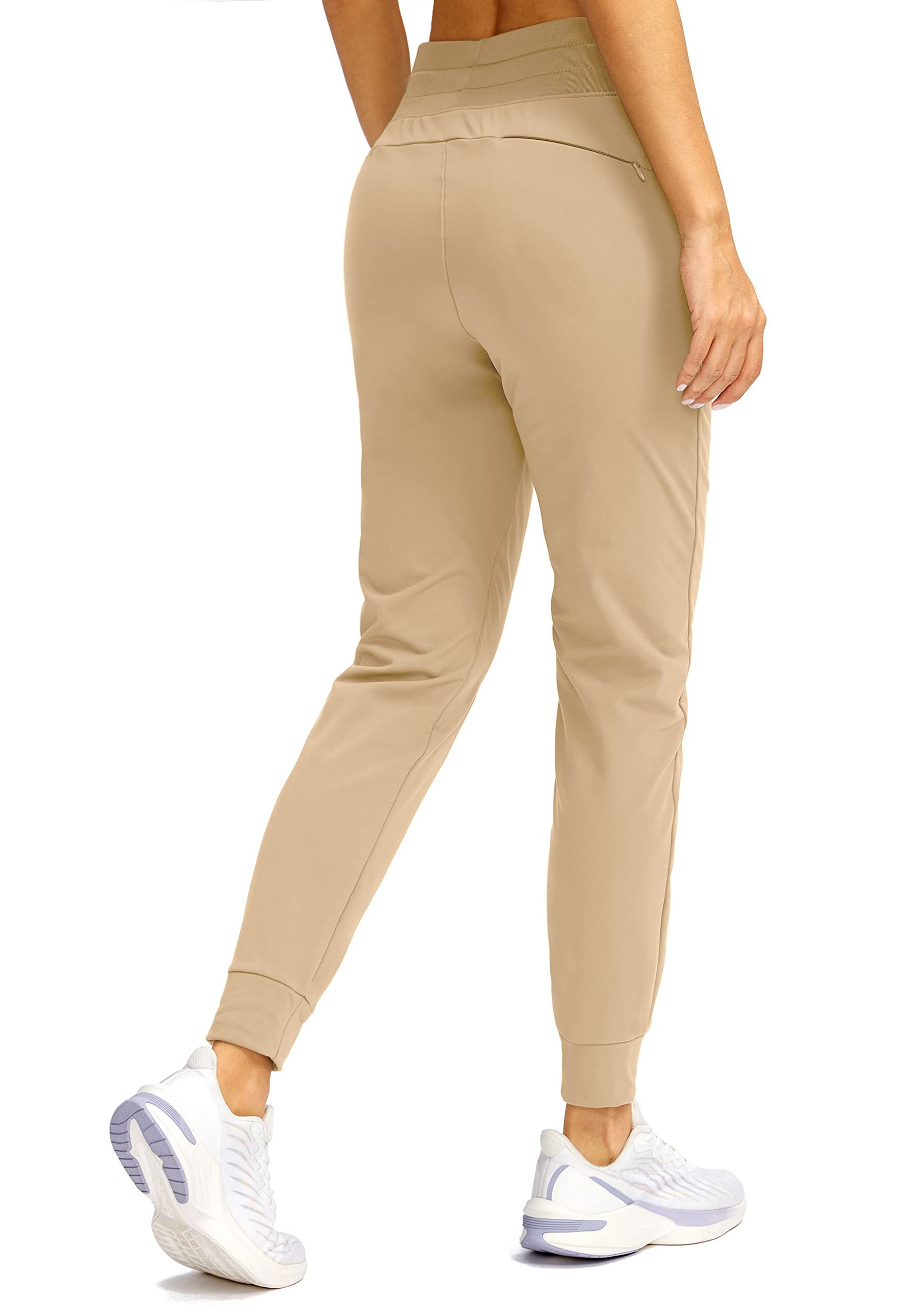 SANTINY Women's Fleece Lined Joggers Water Resistant High Waisted Thermal Sweatpants Winter Pants Hiking Running Pockets(Khaki_XS)