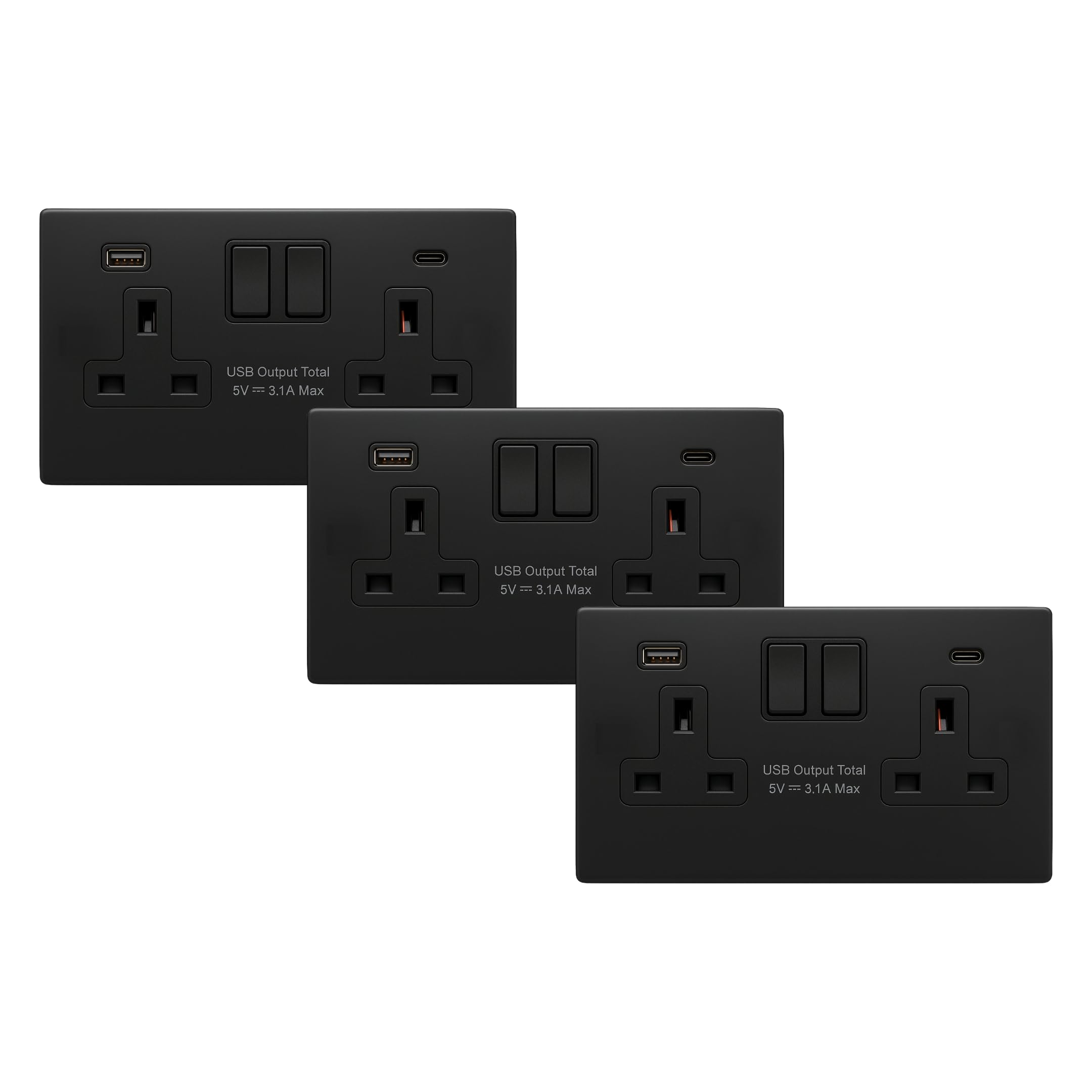 SHPELEC Matt Black Screwless Metal Plate Switches & Sockets Range 4mm Slim Profile – Plug Sockets, Light Switches, Fused Spurs, USB A&A/A&C Options (2 Gang Socket with USB Ports (A&C), 3 PACK)