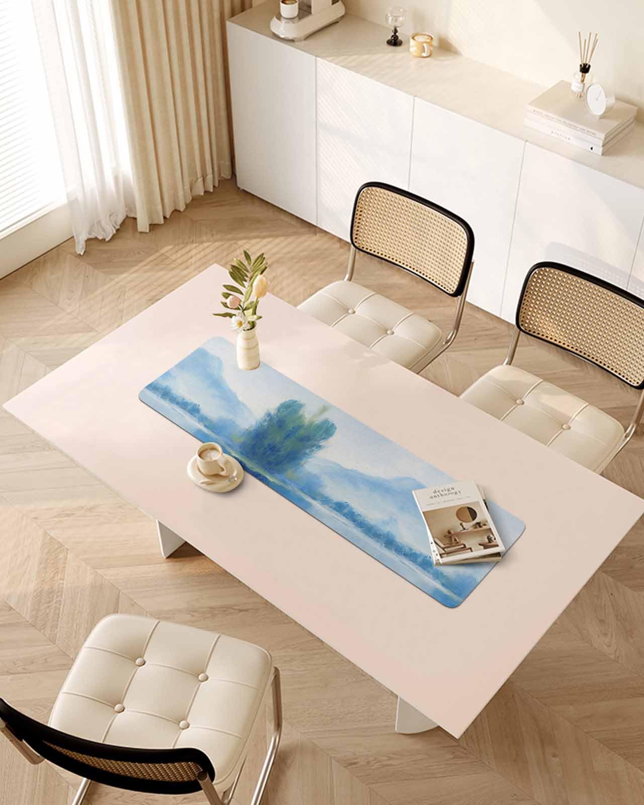 Debedcor Heat Proof Table Pads Waterproof Decorative, Farmhouse Landscapes Non-Slip Table Countertop Protector, Watercolor Reflections Insulation Mat for Dining Room, 48 x 12 Inches