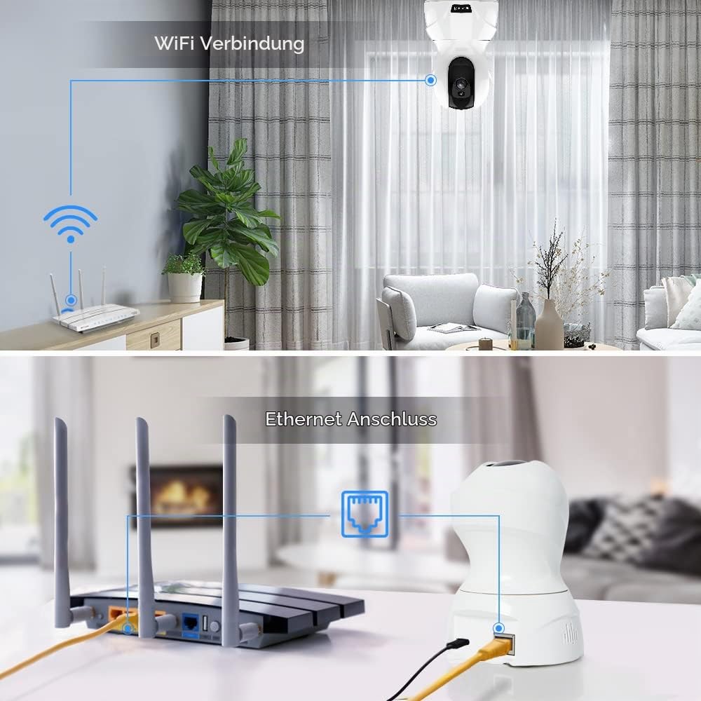 PANAMALAR WLAN IP Kamera, 3MP Innen Überwachungskamera 350°Schwenkbar FHD unterstützt LAN & WLAN Verbindung/Alexa/2 Weg Audio/Nachtsicht usw, Indoor Baby Kamera für Baby/Haustier PC Handy app