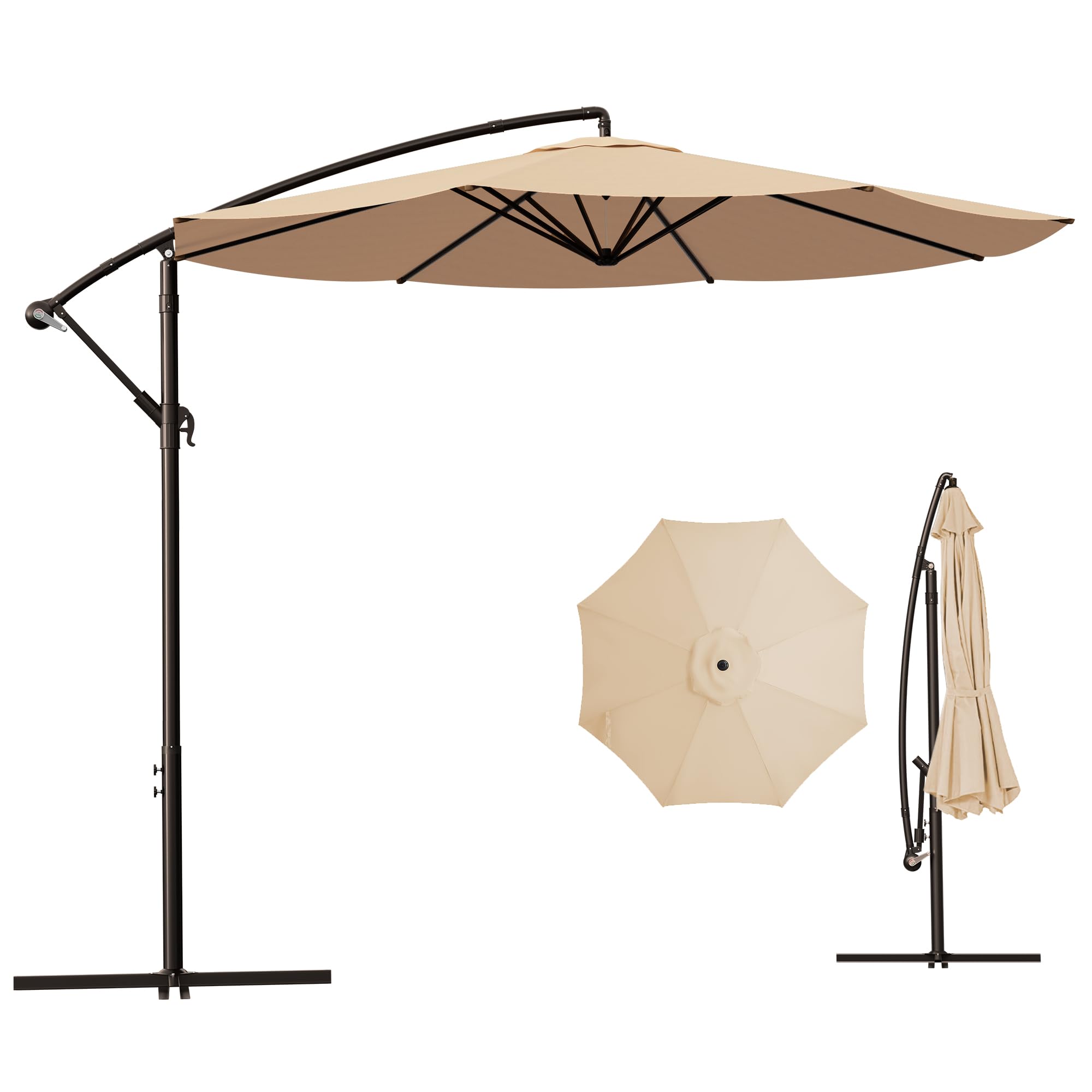 MUCHENGHY 10ft Patio Umbrellas Offset Outdoor Umbrella Cantilever Hanging Umbrellas with Crank & Cross Base 8 Sturdy Ribs for Yard, Garden & Deck (Beige) image 6