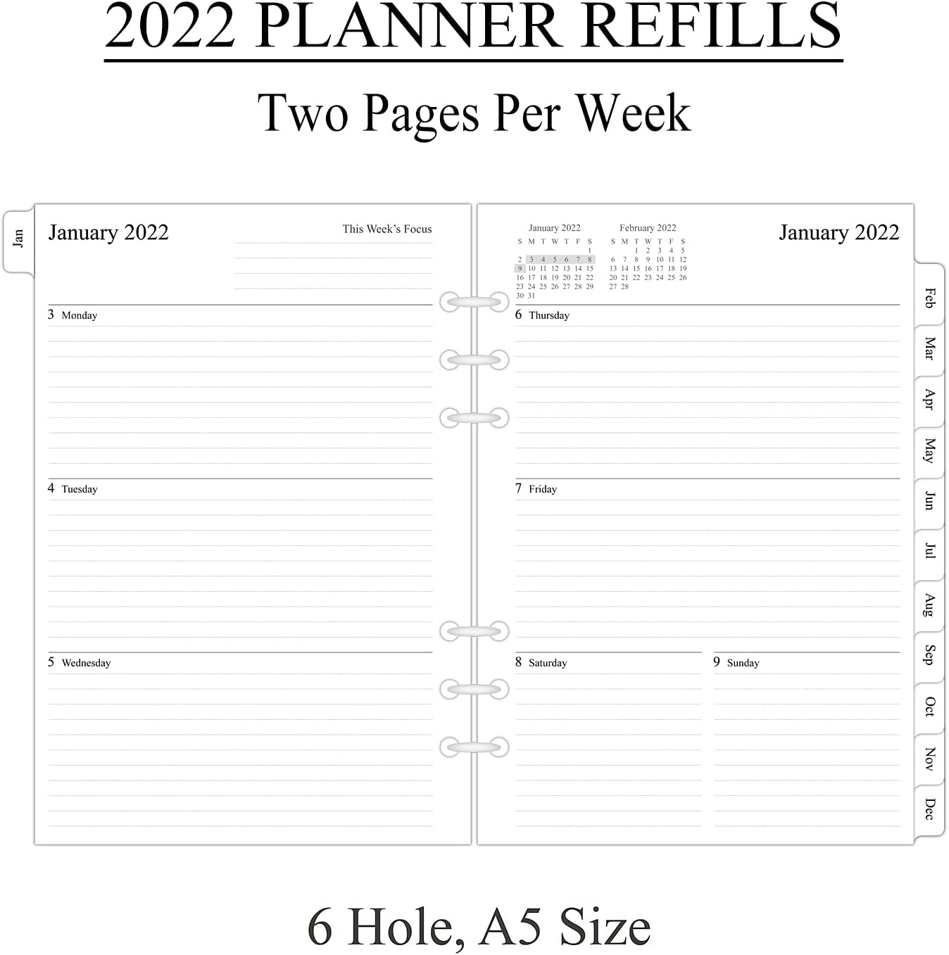 2022 Weekly & Monthly Planner Refill for A5 Ring Binder, 5-1/2" x 8-1/4", from January 2022 to December 2022, 6-Hole Punched : Office Products