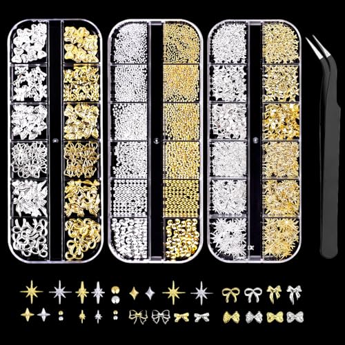GZMAYUEN Lot de 3 boîtes Strass Ongle Nail Art avec Bijoux Ongles - Or et Argent Métalliques Deco Ongle Nail Art