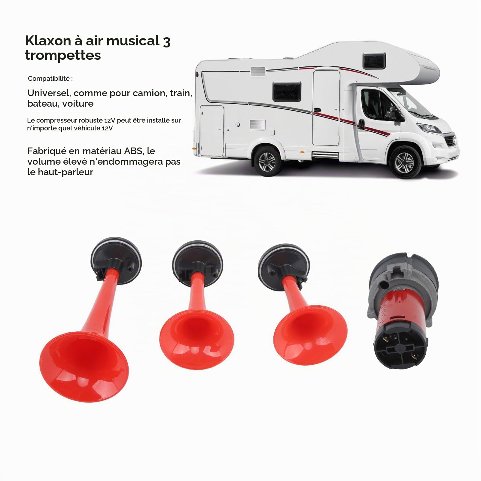 Kit de Corne de Musique Musicale, 3 Trompette 12v 125db La Cucaracha Sound Horn avec Compresseur et Tuy