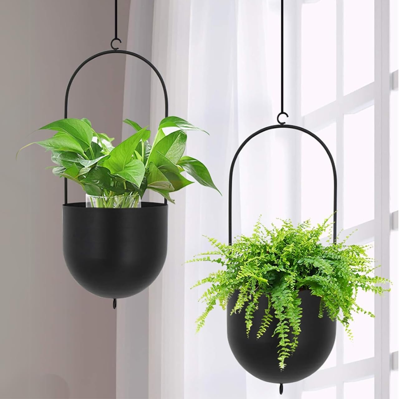 ecofynd 6 Inch Dia Wall Decor Hanging Planter, Boho Metal Indoor Outdoor Hanging Baskets, Modern Detachable Hook Wall & Ceiling Pot Holder for Balcony, Living Room, Home Garden Decor (Black, POT044)-picture-24