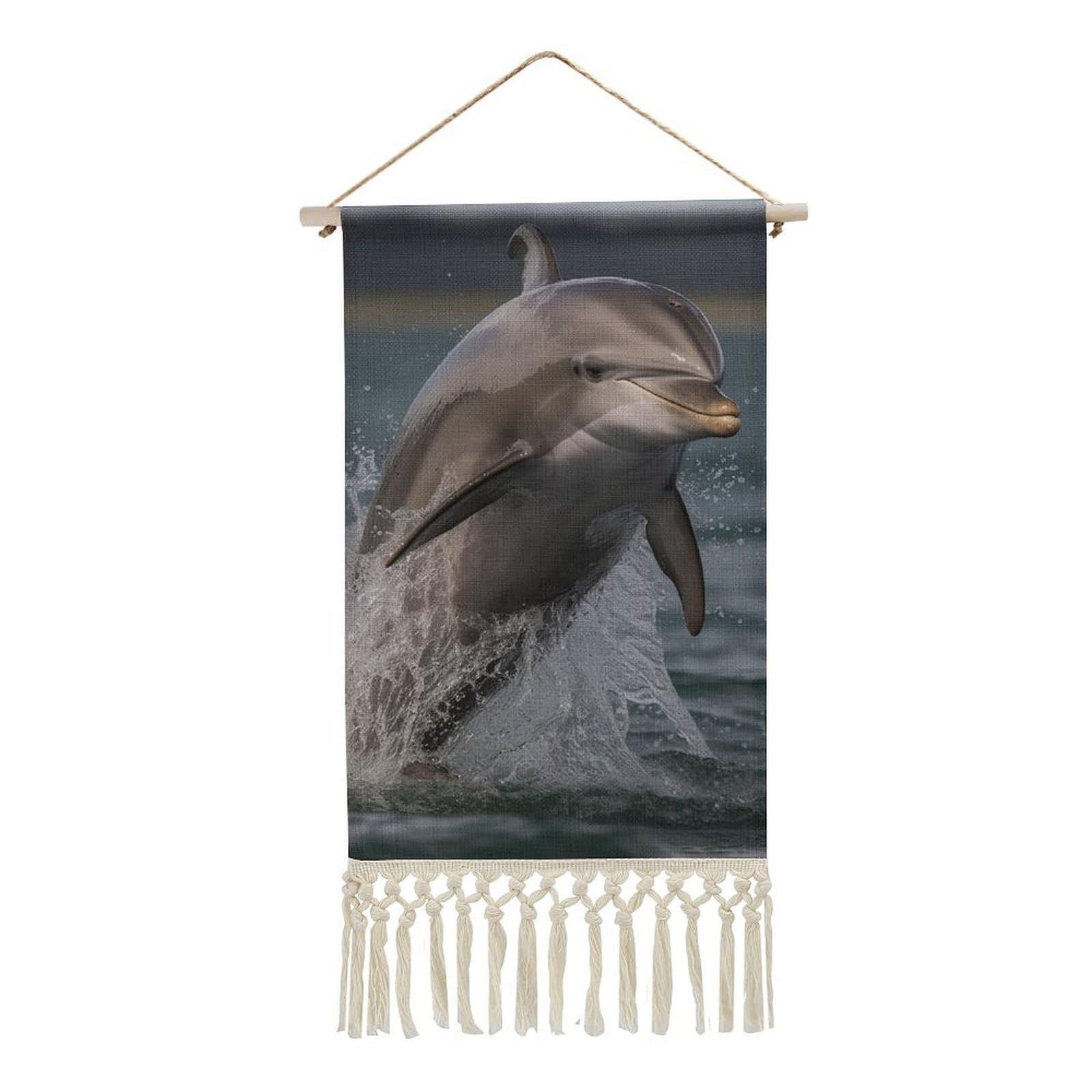 BTCOWZRV Cotton And Linen Hanging Poster with Tassels, Cool Dolphin Wall Hanging Tapestry Vintage Wall Art Painting Modern Artwork Decoration for Home Decor Ready to Hang 10x19.6 in