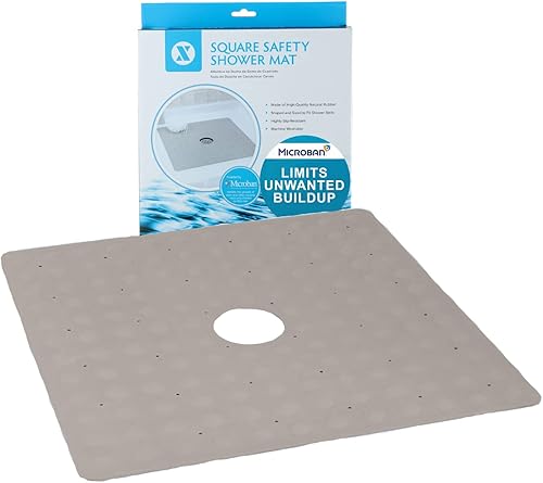 SlipX Solutions Alfombrilla de ducha de goma con infusión de microban, 21 x 21 pulgadas, alfombrilla de baño cuadrada antideslizante con ventosas de