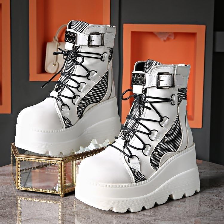 Image of Womens Goth Platform Boots Chunky High Heel Booties Round Toe Combat Ankle Boots Womens Lace Up Motorcycle Wedges Shoes