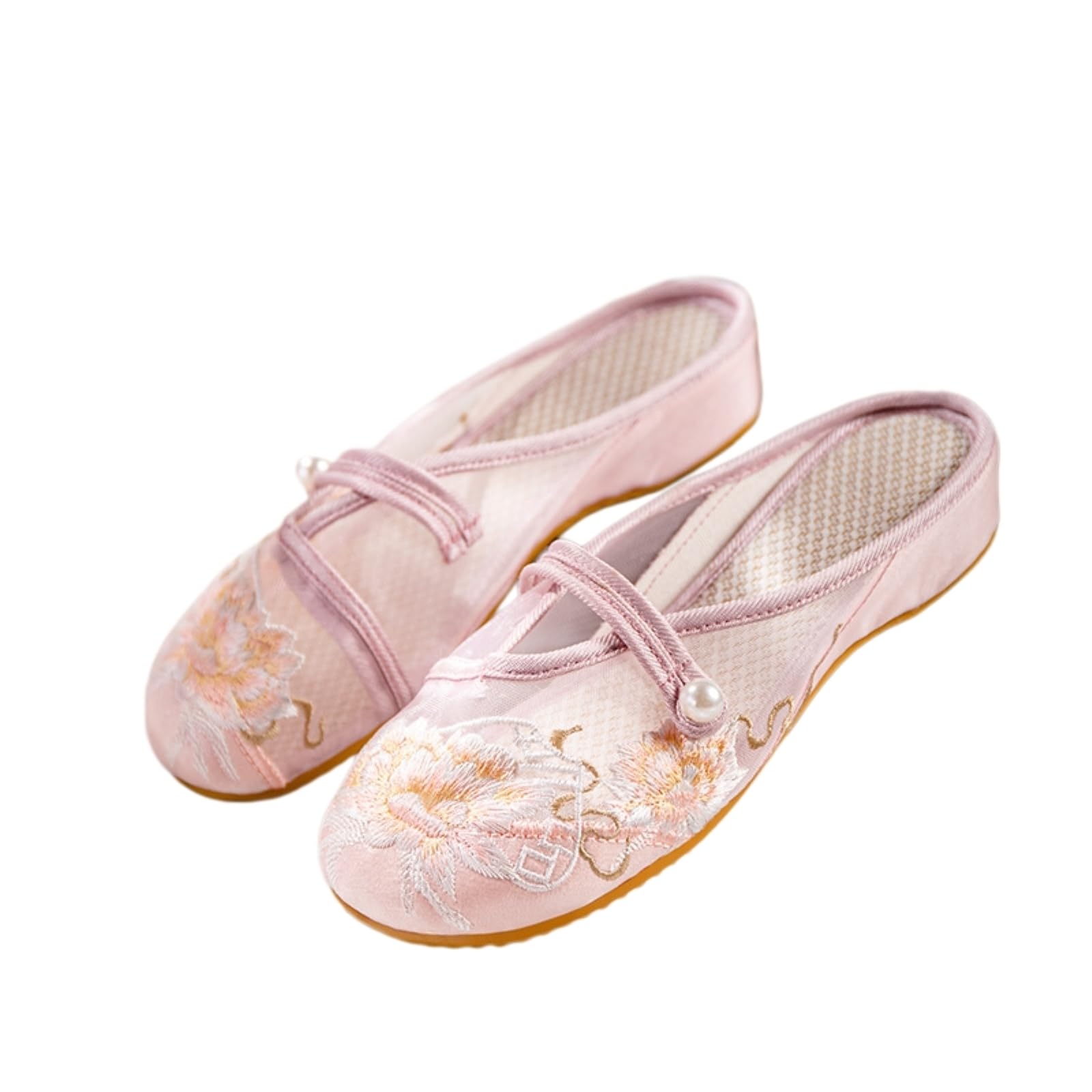 Gyios Women's Pink Clogs & Mules Floral Embroidery Mesh Mule Slippers, Slip-On Strap Flat Rubber Shoes For Dresses Pants Daily Wear-41