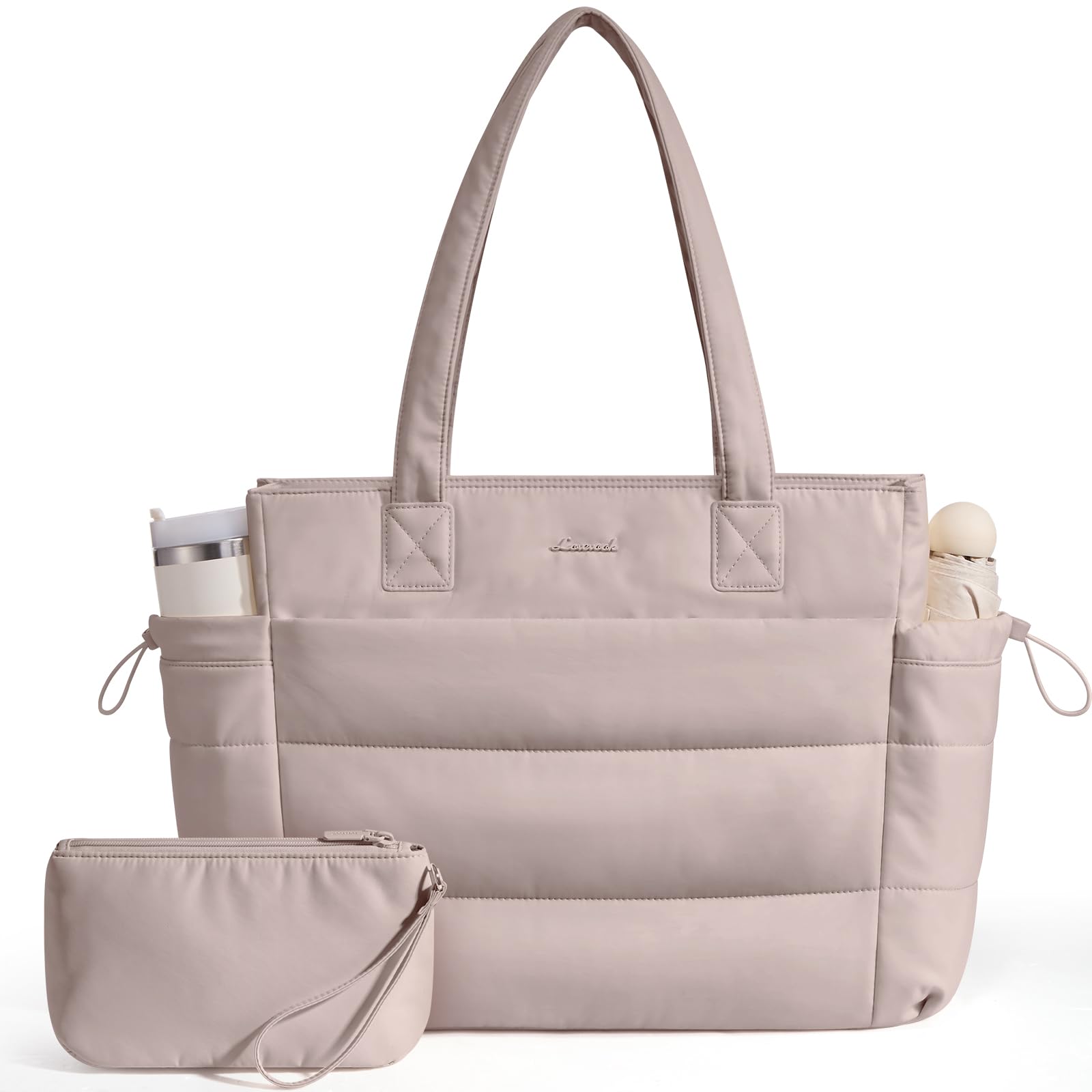 LOVEVOOK Tote Bag for Women with Giant Tumbler Holder Pocket, Puffer Work Travel Laptop Handbag with Zipper for Nurse Teacher