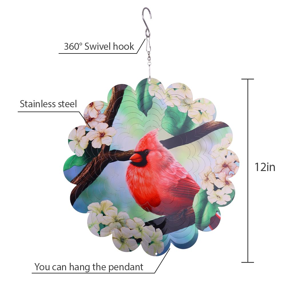 Cardinal Hanging Wind Spinners Garden Yard Decor Gift for Women Men, 12 Inch Outdoor Metal 3D Wind Spinner, Stainless Steel Hanging Wind Catchers Kinetic Sculpture for Outside Decoration