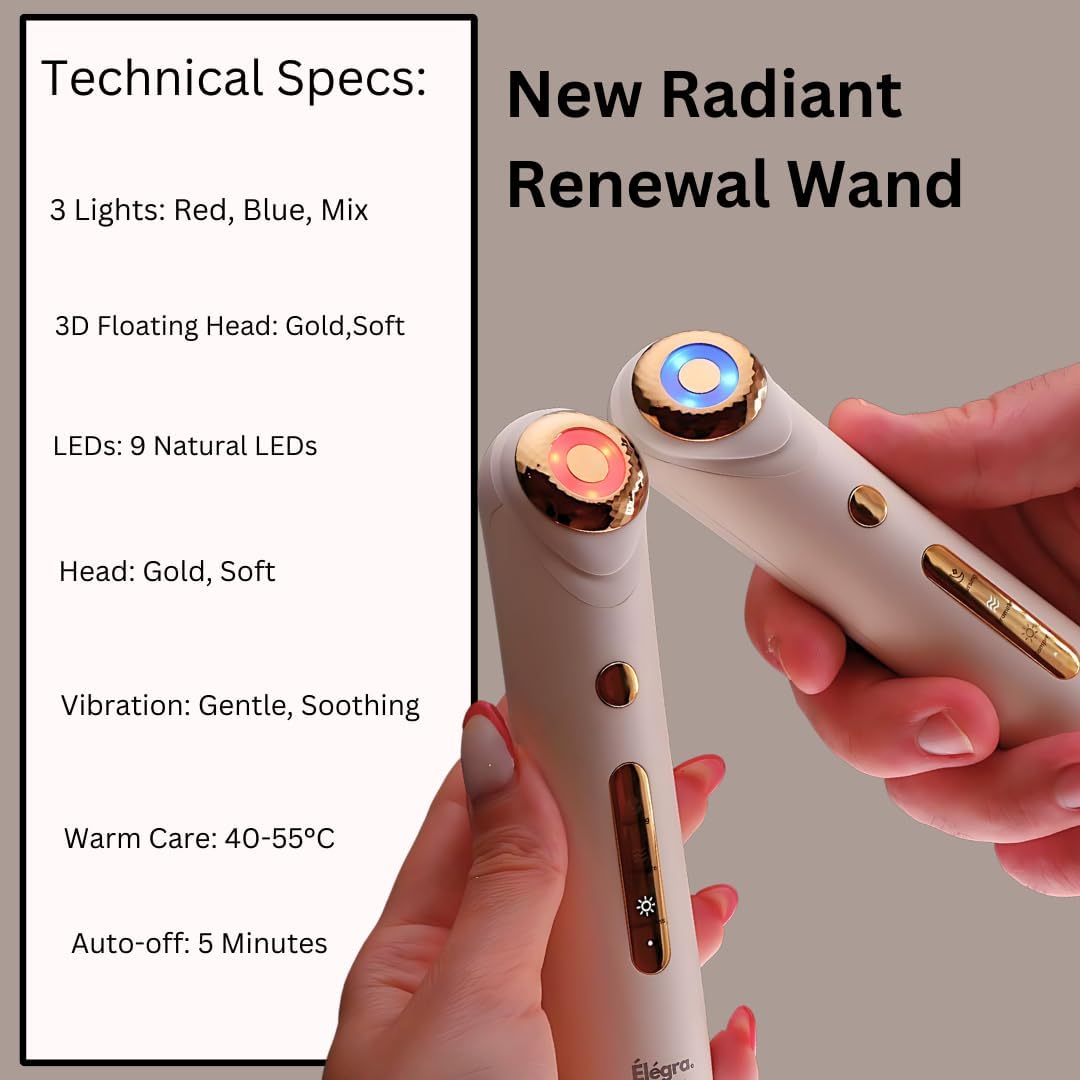 Elegra 5-in-1 LED Facial Light Therapy Wand | Red, Blue, and Mixed Light | Hot Compress, Massager, Adjustable & Golden Head