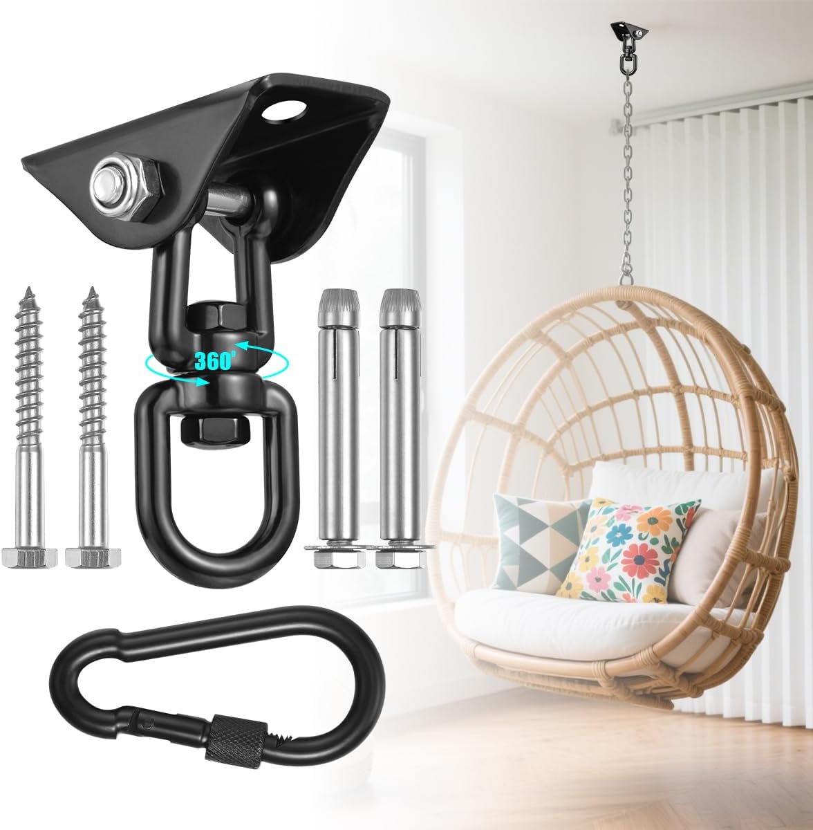 Hammock Hanging kit,360°Rotating 1200 lb Capacity Heavy Duty,Hanger & Swing Hook Snap for Concrete Wood,Hammock,Veranda Seat,Chair,Swing Sets,Yoga and Gym(Without Chain )