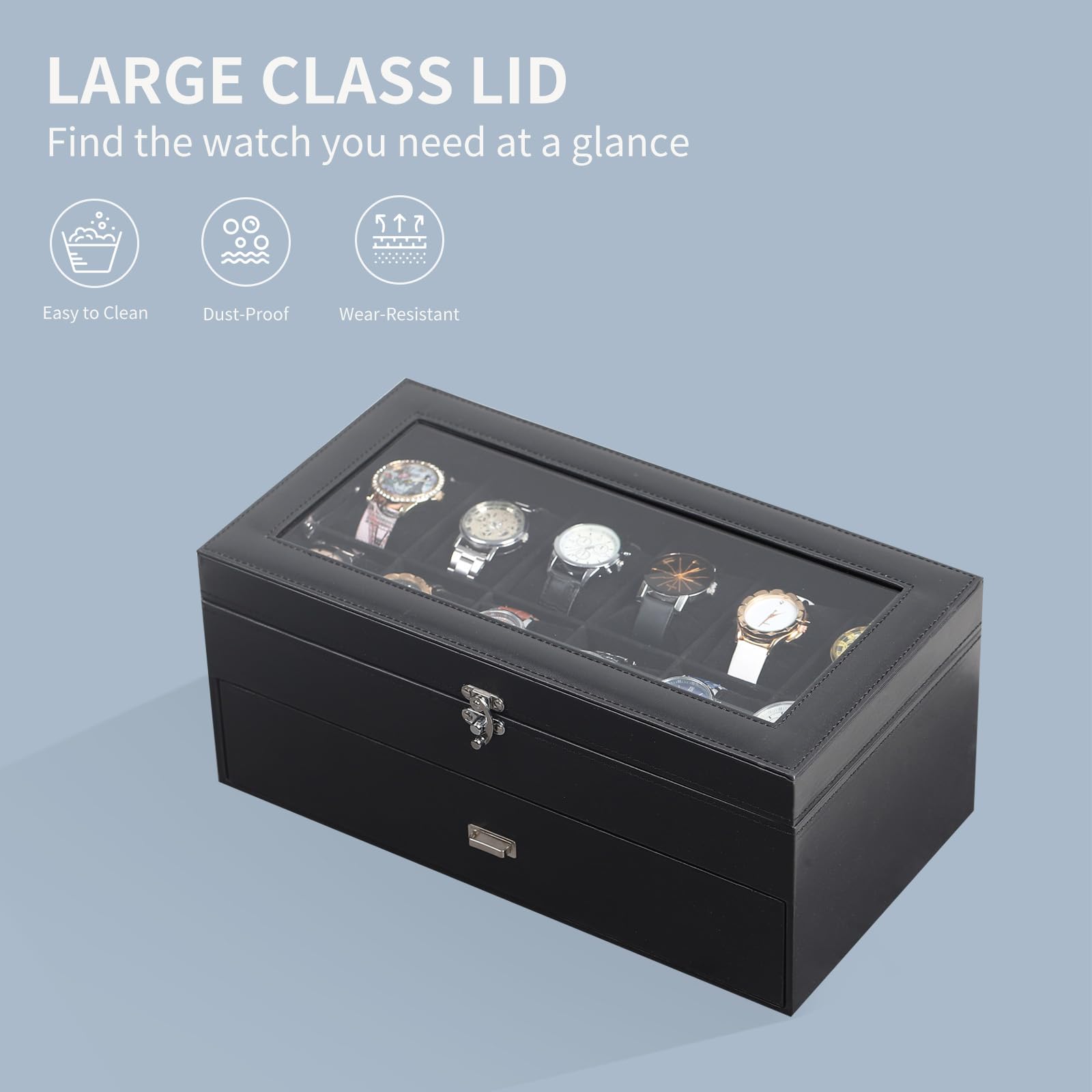 AUTOARK Caja organizadora de 24 relojes con tapa de vidrio y cajón de joyas de cuero y terciopelo, negro MKAW035