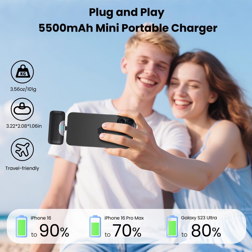 [2 confezioni] Mini caricabatterie portatile per iPhone 17/16,5500 mAh, display LCD USB C, ricarica rapida del telefono da viaggio, batteria tascabile per iPhone 17/17 Pro Max/Air/16/15, Android (nero