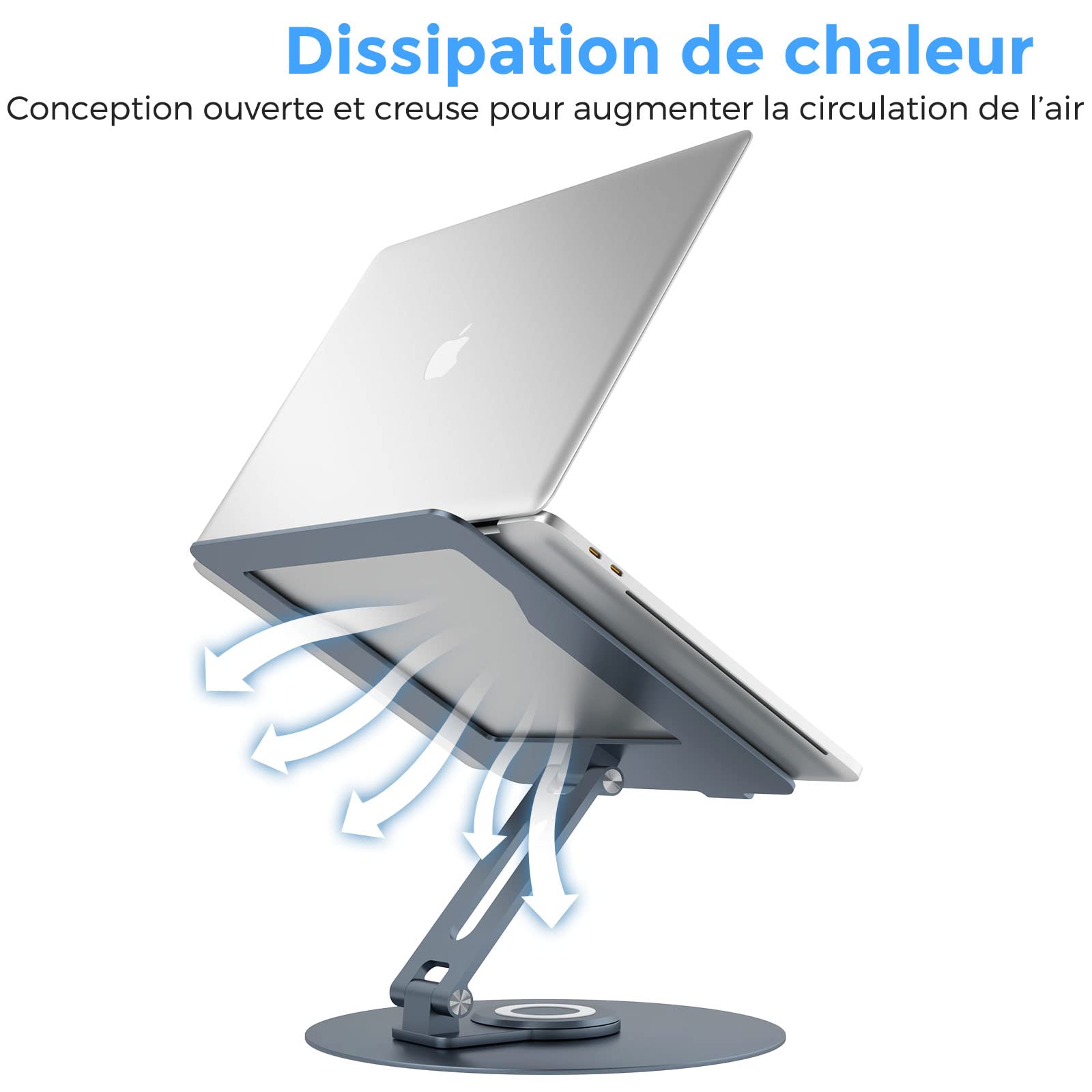 Support Ordinateur Portable avec Base Rotative à 360°, Laptop Stand Pliable en Aluminium Réglable en Hauteur pour le Travail, Rehausseur Ergonomique de PC Portable(10-17") Macbook/Lenovo/HP, Gris