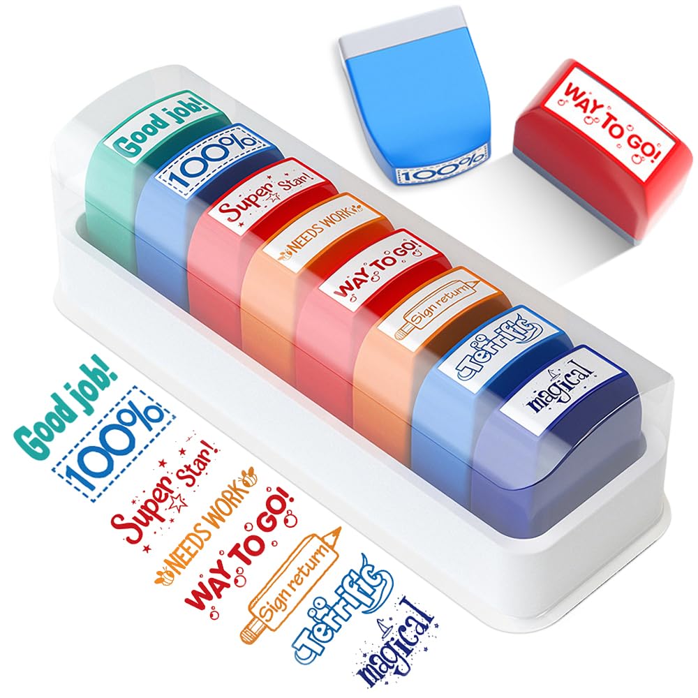 Teacher Stamps 8 Pack, Colourful Self Inking Teacher Stamp, Colorful Reward Stamps with Storage Tray and Different Rewarding Comments, for Marking, School Reward Stamp Teacher Supplies Gifts