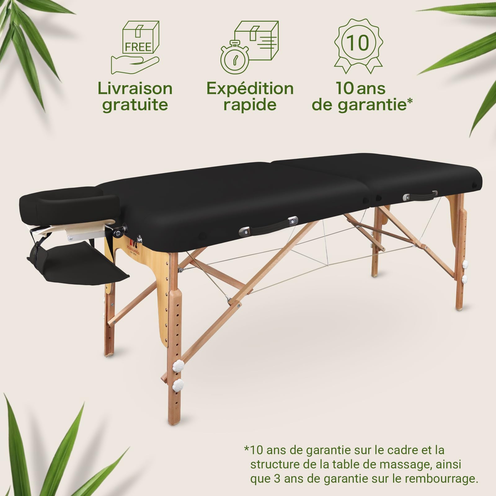MASSUNDA - Mobile Comfort Deluxe Table de Massage réglable en Hauteur, Table de Massage Pliante Large en Bois Massif, Tables de Massage, Professionnelle (Noir)