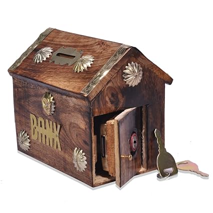 Money Bank with Lock | Wooden Piggy Bank for Boys, Girls & Adults | Undiyal Box | Coin Saving Box (Hut Shape - 5.5*6 Inch)