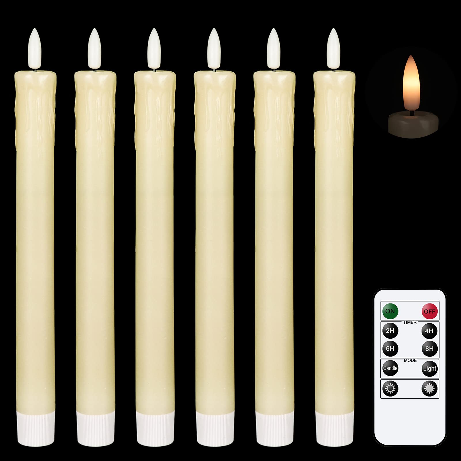 Eldnacele Drip Wax LED Taper Candles Flickering with 10-Key Remote, Battery Operated Ivory Flameless Candles Real Wax Pack of 6, Christmas Home Wedding Decor(0.78 X 9.64 Inch) — image 1