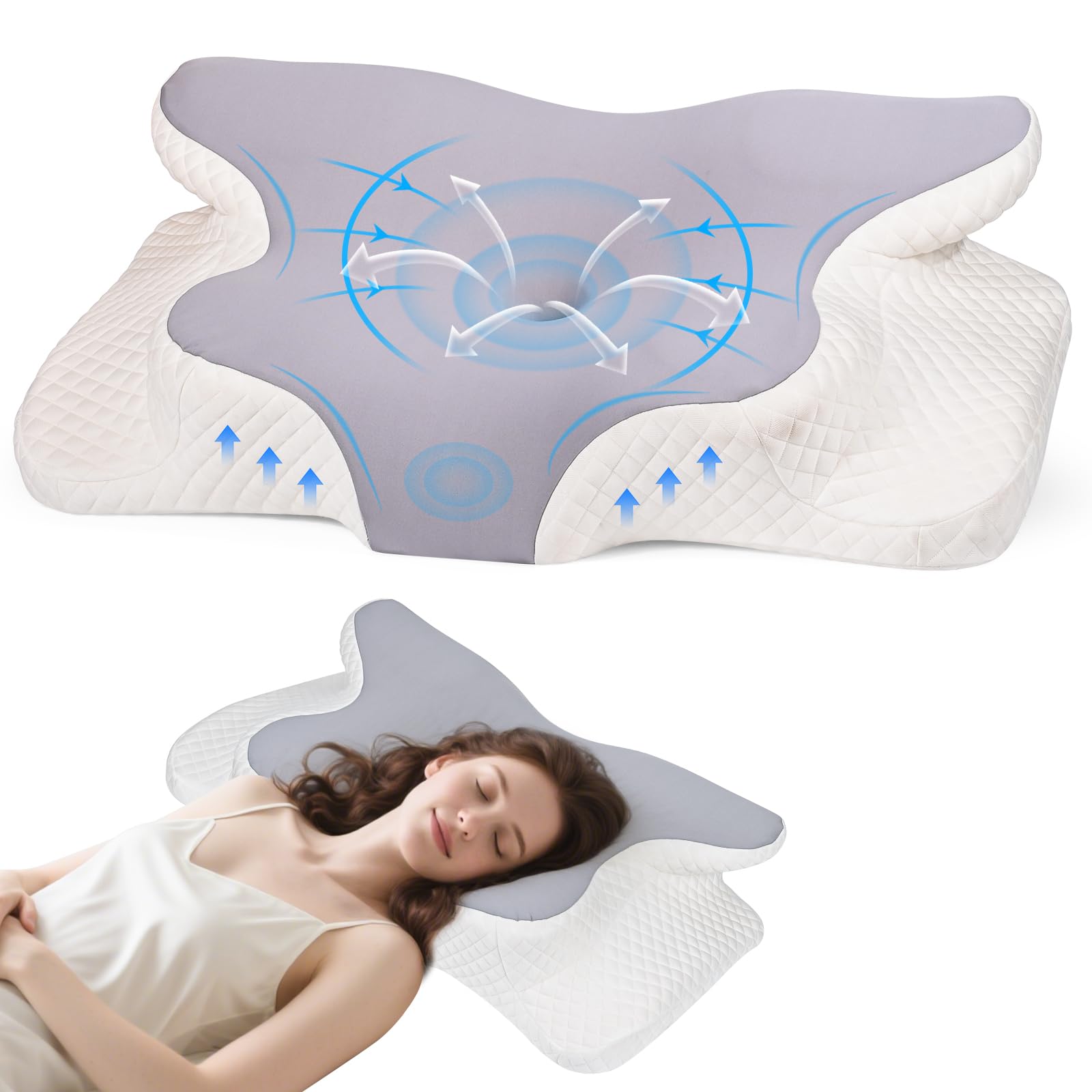 Dreamhigh® Cuscino Cervicale per Dormire, 2 in 1 Cuscino Memory Foam, Sollievo Efficace dal Dolore, Cuscino Ortopedico per Dormire sul Fianco, Schiena e Pancia, 63 x 42 cm x 9/12 cm