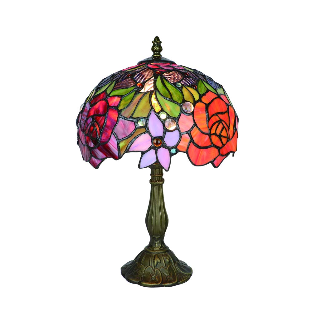 Tiffany-Style Desk Lamp, 10 Inch Retro Table Lamps, Vintage LED Bedside Lamp, Rose Red