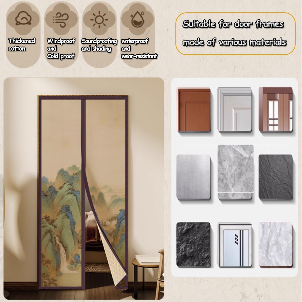 Rideau De Porte Isolant Thermique, Rideau De Porte Interieur D'hiver Thermiques Isolation Anti Froid Et Chaleur Rétro Rideaux Exterieur Occultant Épaississement(Vert,W160XH200CM)