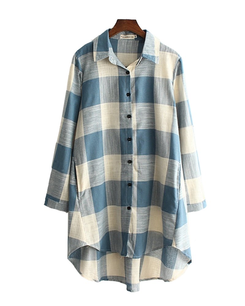 SCOFEEL Women's Cotton Linen Plaid Shirt Roll Up Sleeve High-Low Hem Tunic Top with Pockets Blue