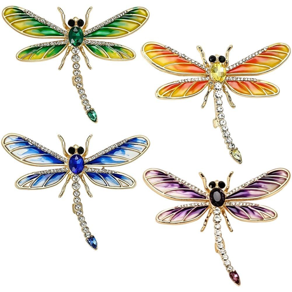 Casiler 4 Pcs Crystal Rhinestone Dragonfly Brooch, Alloy Insect Lapel Pin for Womens Shawl Dress Fashion Accessory