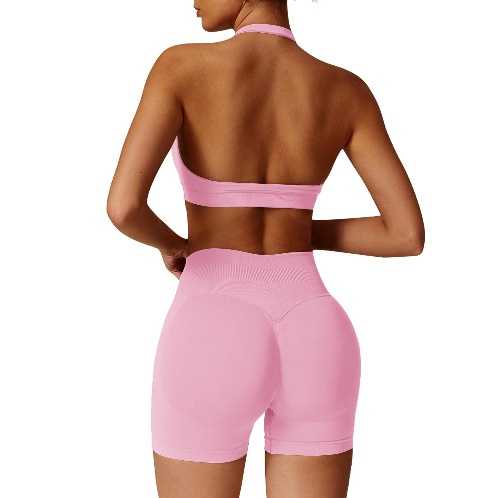 Conjunto de entrenamiento sin costuras para mujer, 2 piezas, brasier deportivo sin espalda, pantalones cortos ocultos para yoga, gimnasio, chándal