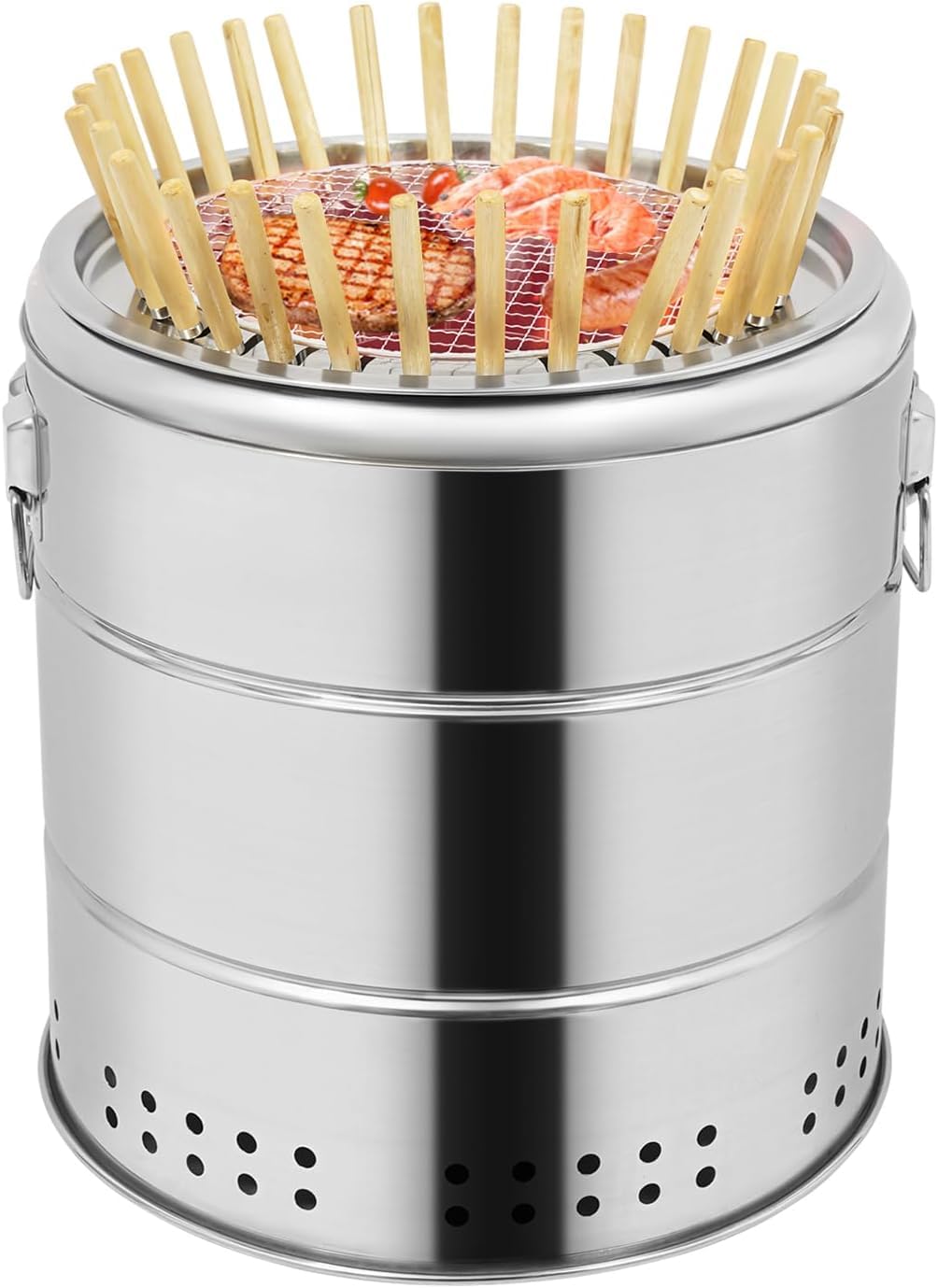 Griglia A Carbone Sospesa Senza Fumo, Affumicatore Verticale Portatile A Carbone, con 30 Spiedini, Secchio per Barbecue in Acciaio Inox, Ideale per Campeggio, Picnic E Feste in Giardino.