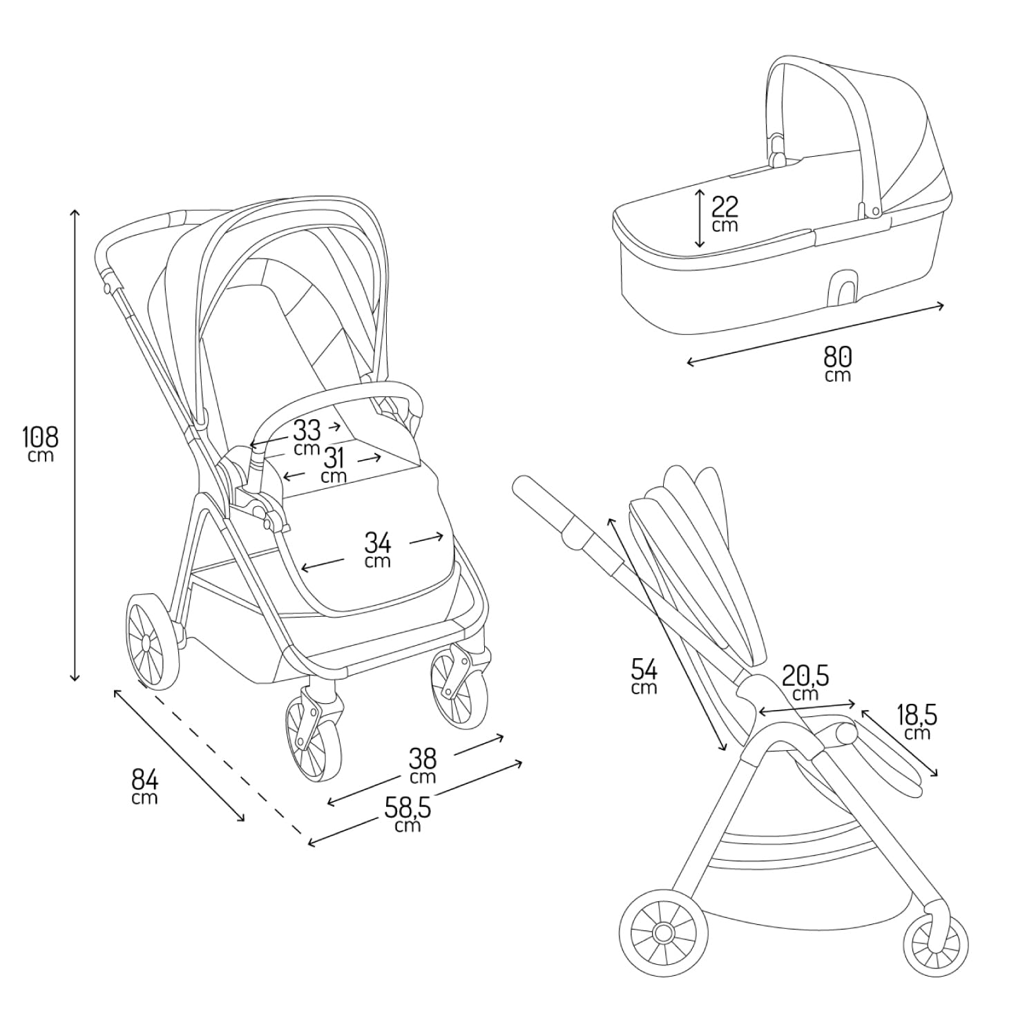 MoMi GISELLE Kombi-Kinderwagen 2 in 1 mit Buggy-Funktion, 5-Punkt-Sicherheitsgurt, ab dem 1. Lebenstag, bis 22 kg Körpergewicht (Buggy), Einkaufskorb, Matratze, Regenschutz und Wickeltasche