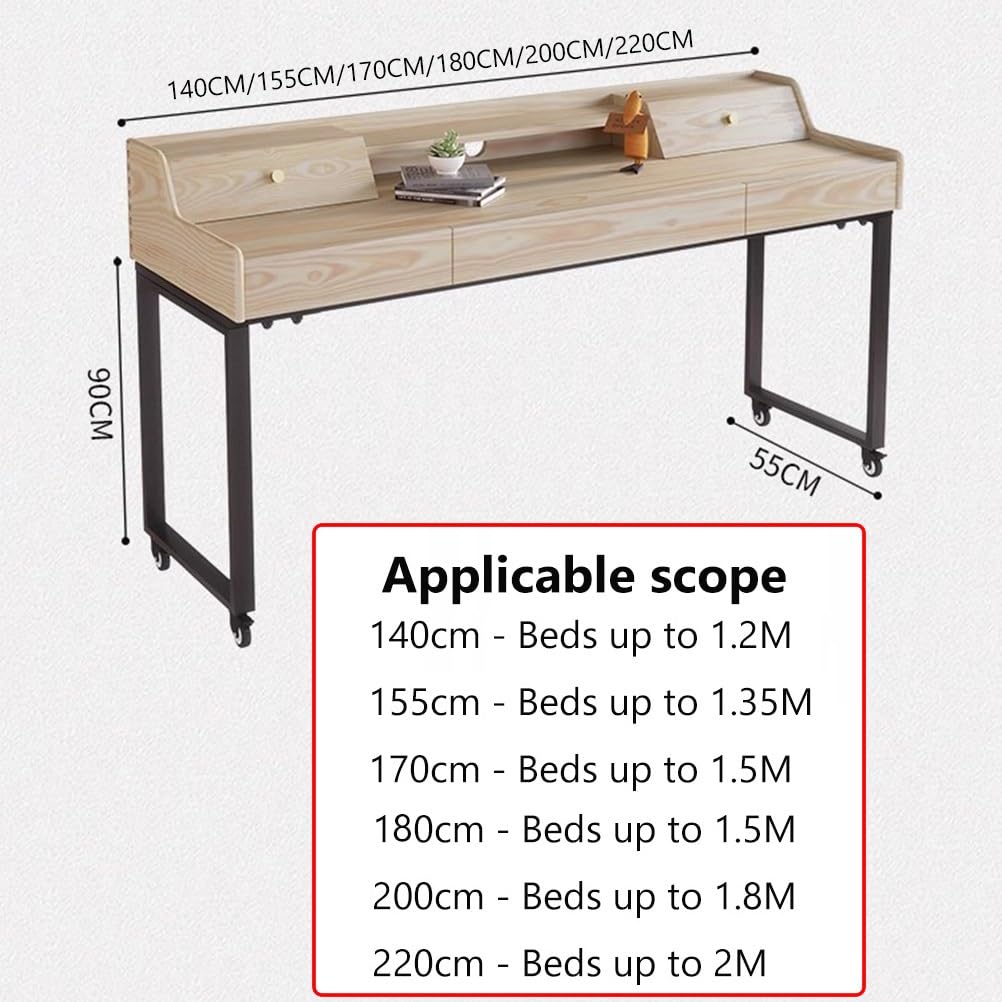 Table de Lit Table de lit en Bois Massif Naturel 4 tiroirs, Chambre à Coucher, hôpital, Sanatorium, Chariot pour Ordinateur Portable, Bureau d'ordinateur, Poste de Travail Debout (Size : 200x55x90cm