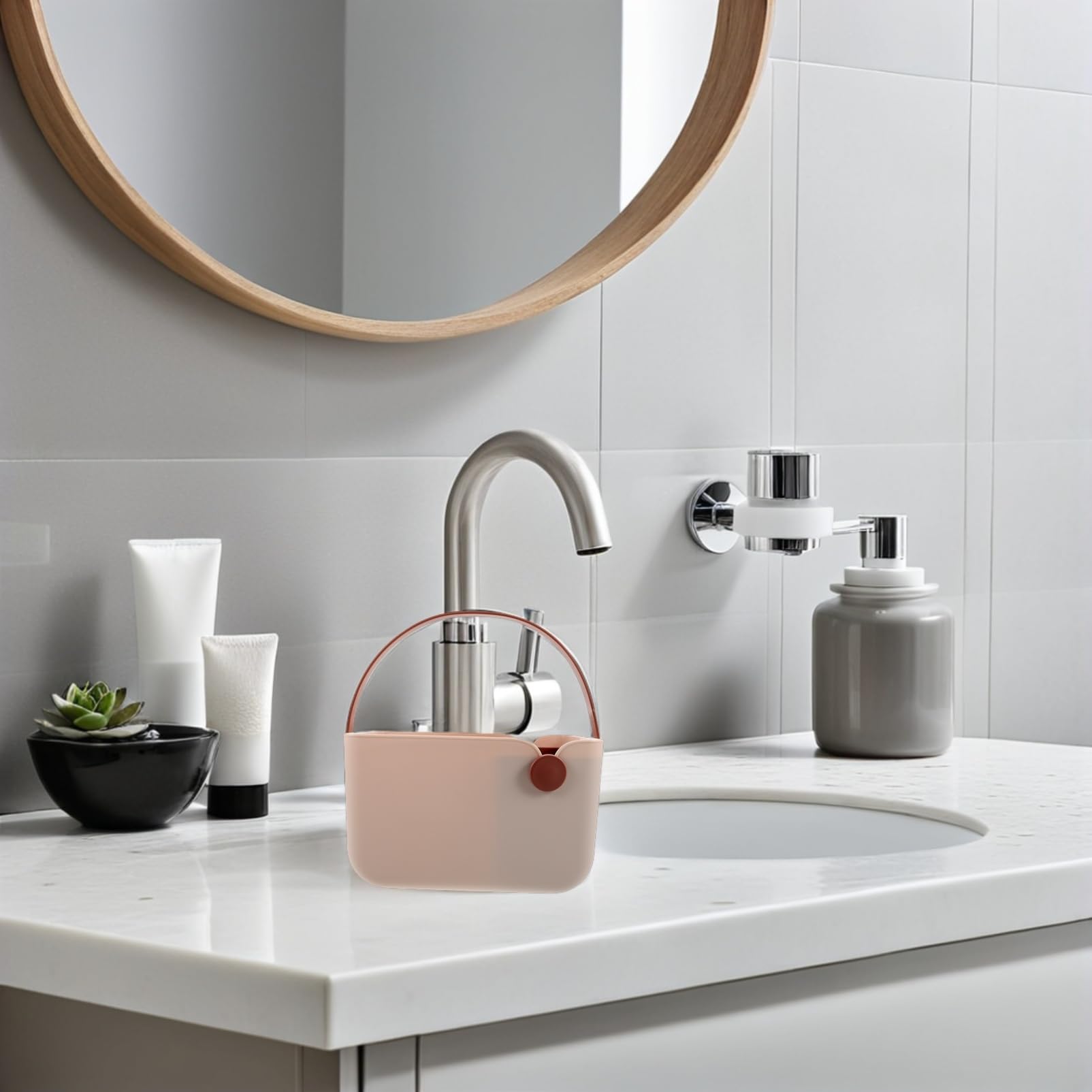 Cesta de Ducha Portátil Rosa de Pp y Tpr, Estilo Nórdico | Compacta y Fácil de Limpiar, para Cocina y Tocador, Organiza Artículos Pequeños con Formato Cesta