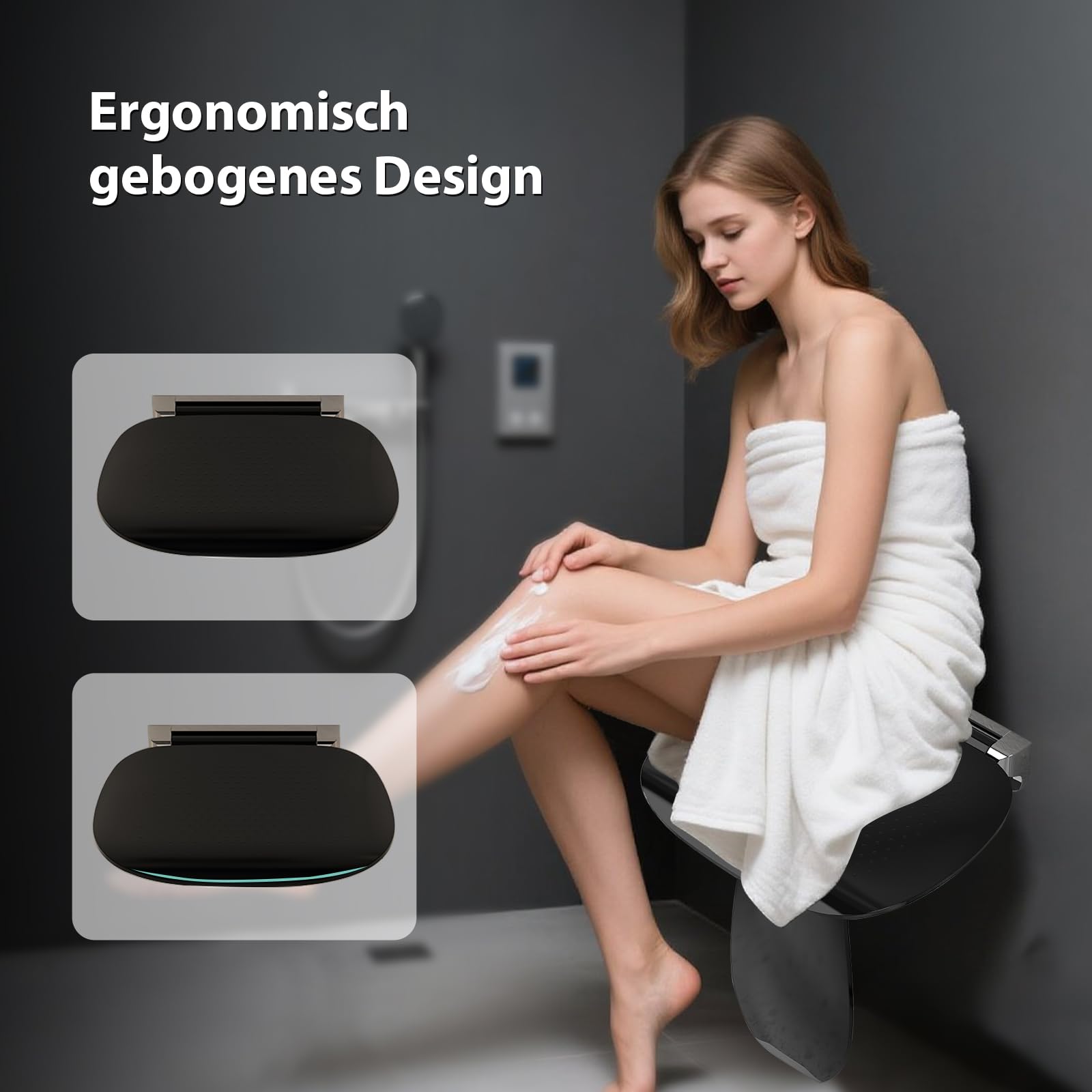 Klappbarer Duschsitz Wandmontage mit Bein für Senioren,Schwerlast 200kg Faltbarer Duschhocker mit Anti-Rutsch Oberfläche, Schwarz