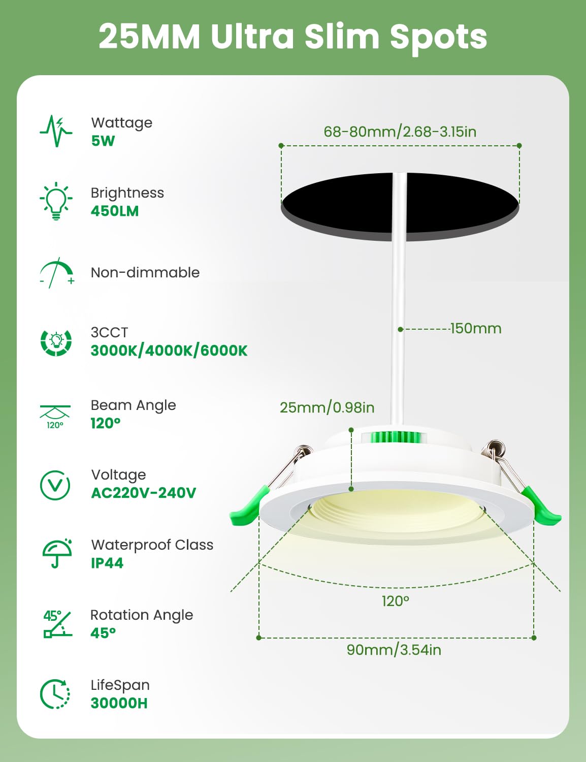 Reflektor LED do zabudowy, 230 V, 5 W, LED, wychylny, 68-80 mm, wymiary otworu, ciepła biel, neutralna biel, zimna biel, IP44, lampy do zabudowy, bez możliwości ściemniania, do łazienki