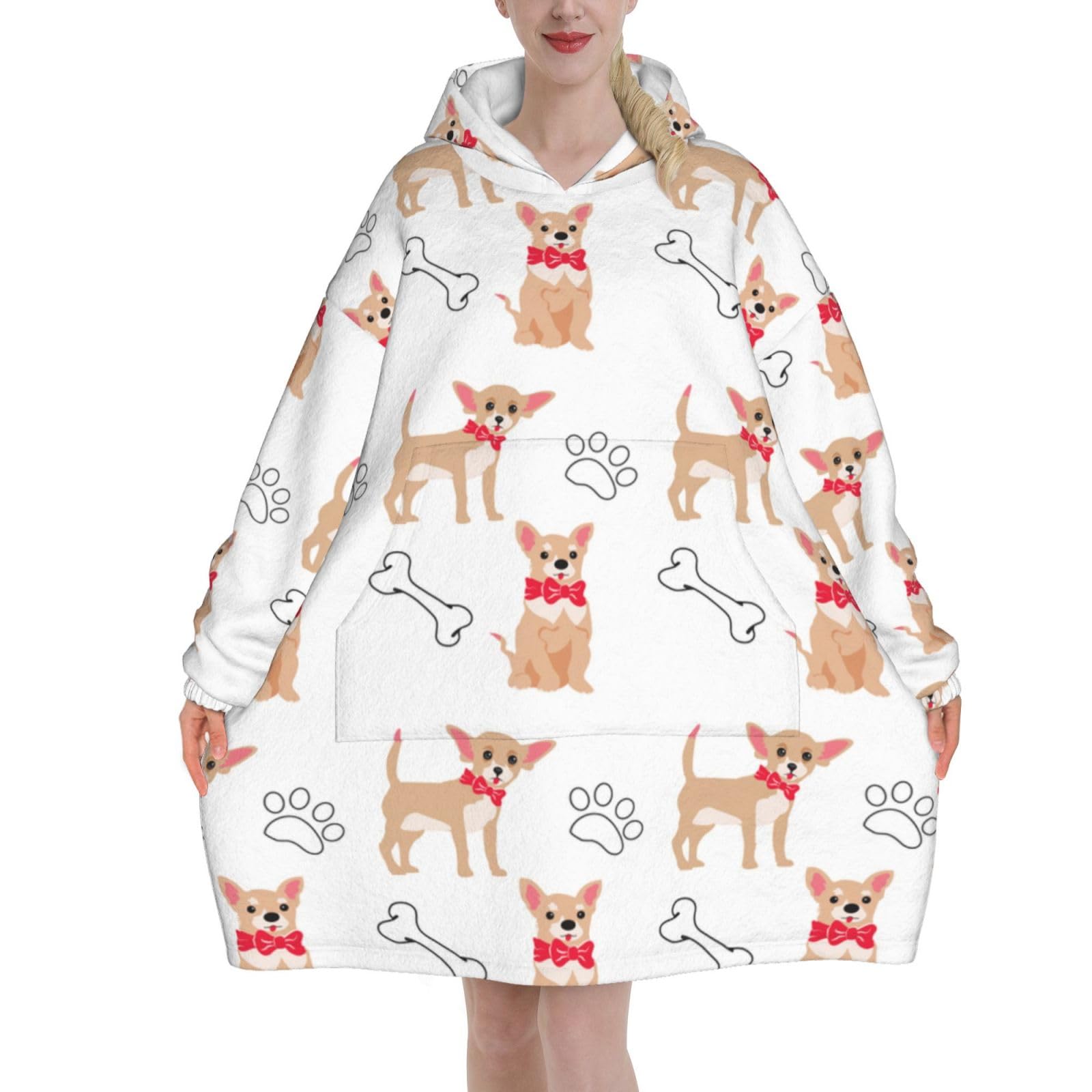Poadnly Unisex As Picture Chihuahua Cute Dogs And Bowl,Women's Oversized Wearable Blanket Hoodie, Blanket Sweatshirt,Flannel Pullover Blanket