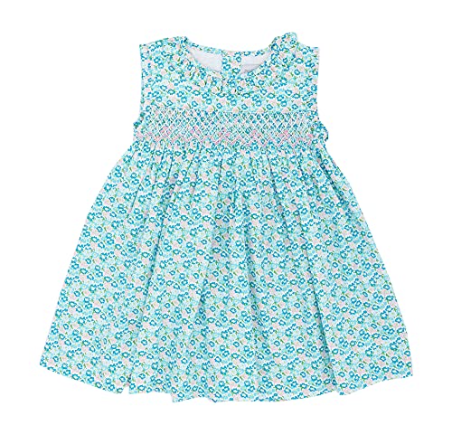 Baby Girls Pink Floral Hand Smocked Casual Princess Dress Party Babydoll Dress Size 3 Months - 5 Years (Turquoise, 18 Months)