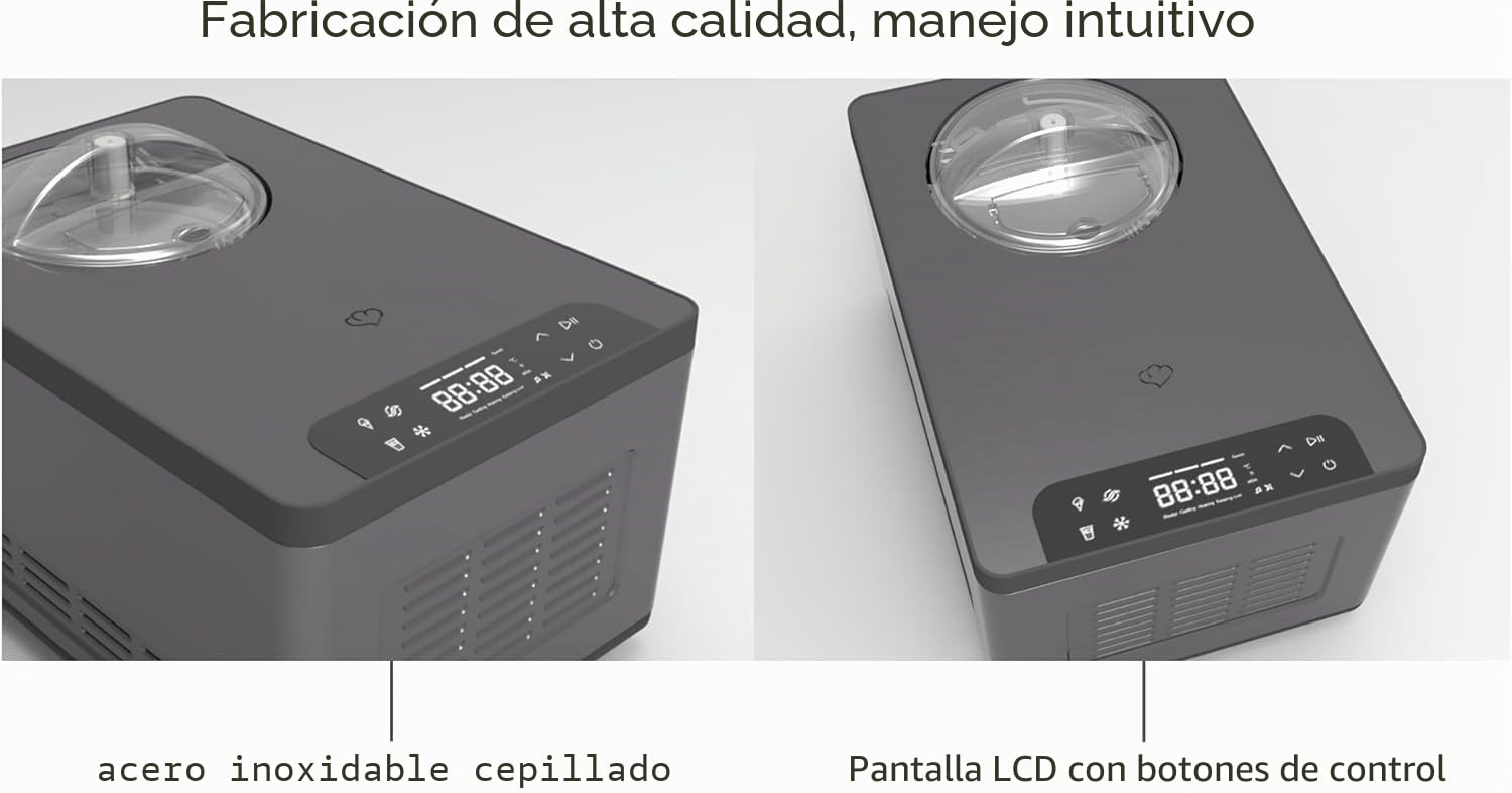 Springlane Elisa Máquina de helado y preparadora de yogur de 2,0 l, con compresor autoenfriante, 220 W, de acero inoxidable con función de refrigeración y calentamiento (Elisa antracita, máquina de