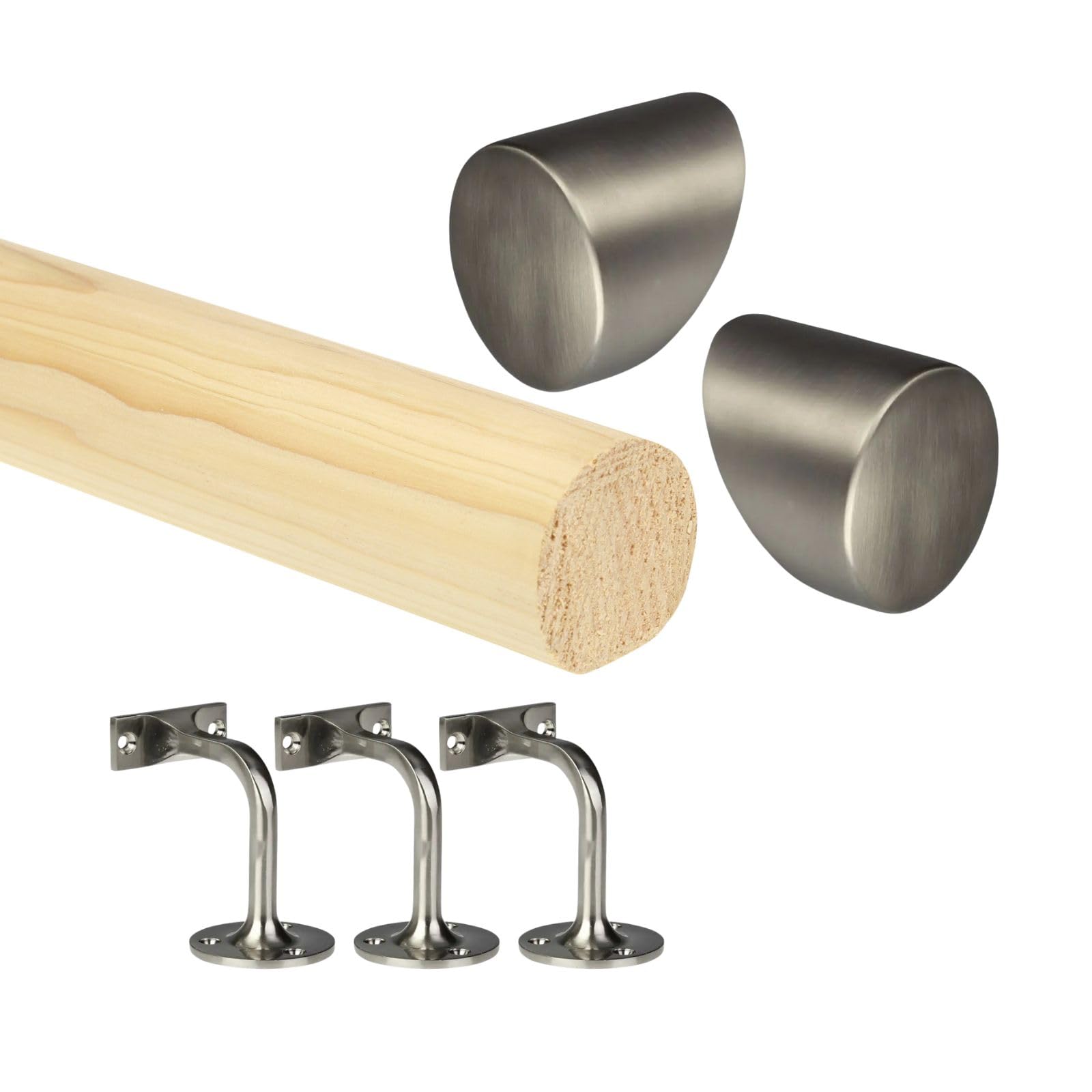 Pine Round Mopstick Handrail Kit with Wall Brackets & End Caps – 1200–4200mm, Chrome/Black/Nickel/Brass (Brushed Nickel, 1800mm)