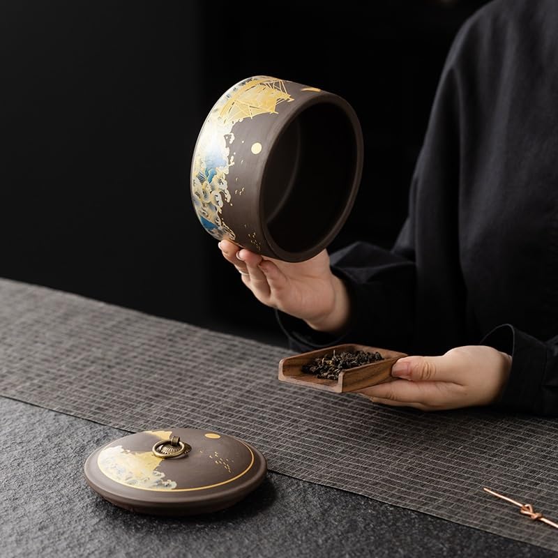 Puszki na herbatę na herbatę sypką Ceramiczne fioletowe puszki na herbatę z piasku Opakowanie Pudełko Retro Czarny Zielony Pu'er Jin Jun Mei Uniwersalny uszczelniony słoik ceramiczny(A)