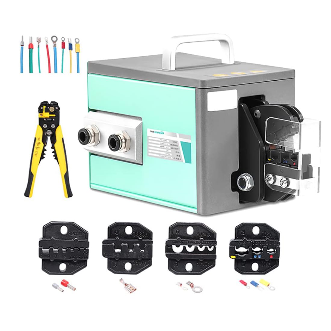 Pinza per crimpatura pneumatica da 1,3 T, pinza per crimpare terminali per cavi alimentata ad aria con 4 set di stampi spelafili e pedale, crimpatura fino a 16 mm2, 0,5-0,8 MPa per vari terminali
