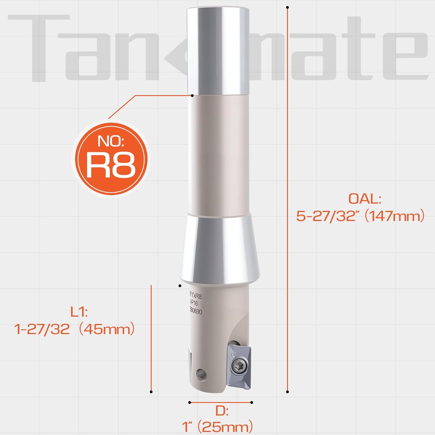 Indexable End Mill Nickel Plated 1" Cutting Diameter x 5-27/32" Oal 90 Degree, R8 Shank, Includes 2 APKT1604 Carbide Inserts