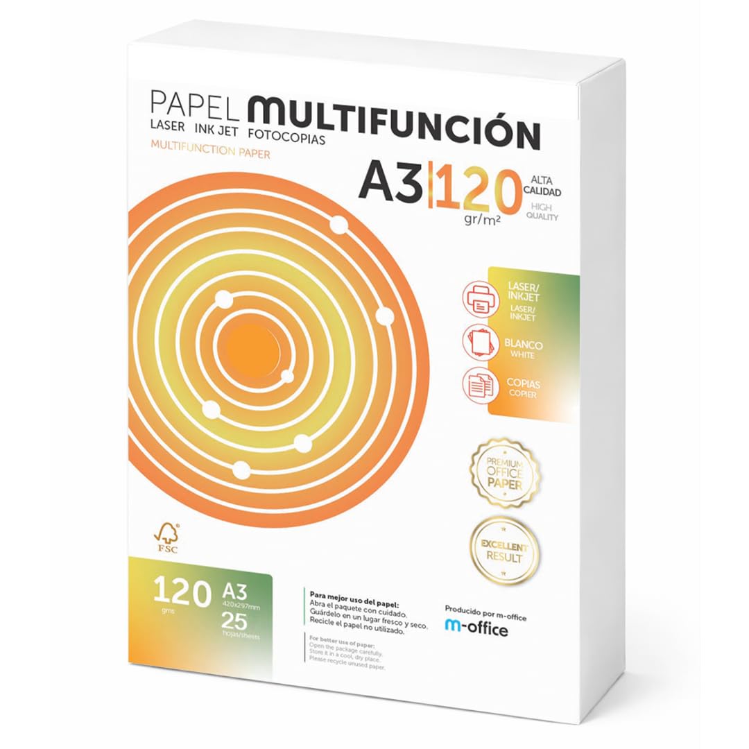 A3 Papier 120g 25 Blatt, Multifunktionspapier für Laser- und Tintenstrahldrucker, Kopierer, für Büro- und Schulbedarf, m-office Paket (25 Blatt 120g)