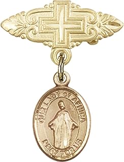 14kt Yellow Gold Baby Badge with Our Lady of Africa Charm and Badge Pin with Cross 1 X 3/4 inches